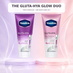 Vaseline Gluta-Hya Spotless Glow and Dewy Radiance body lotions on lavender and pink pedestals