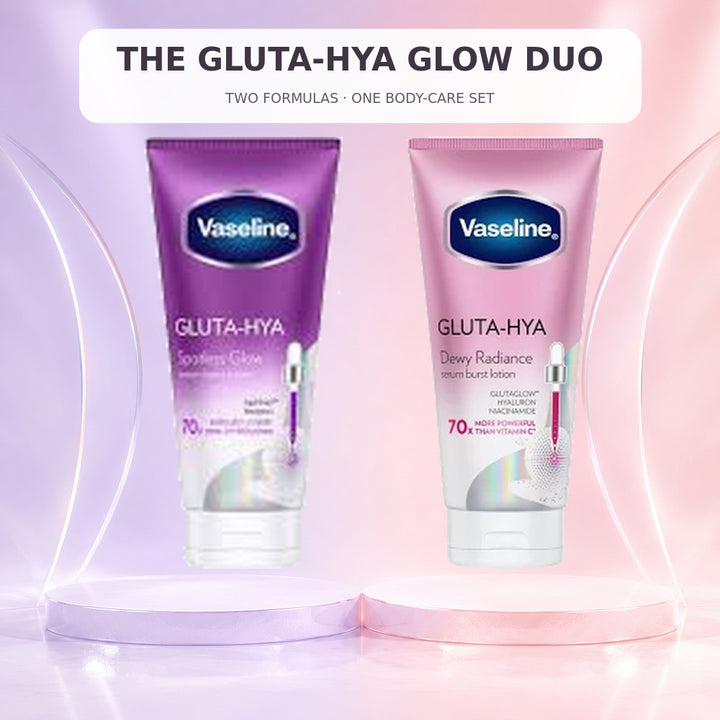 Vaseline Gluta-Hya Spotless Glow and Dewy Radiance body lotions on lavender and pink pedestals