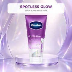 Vaseline Gluta-Hya Spotless Glow serum burst body lotion on a lavender cosmetic background