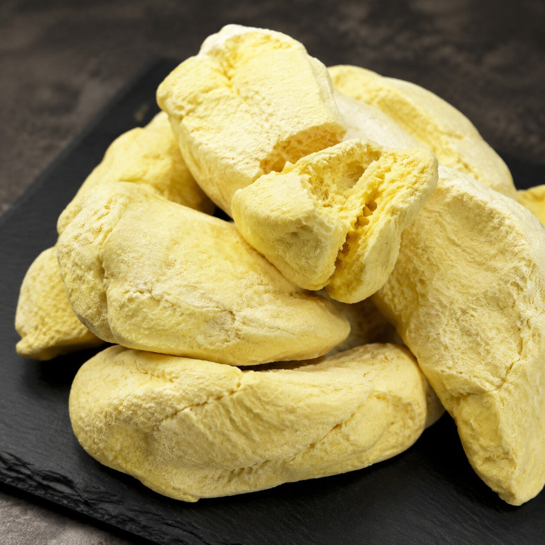 Close-up of large crispy freeze-dried durian pieces