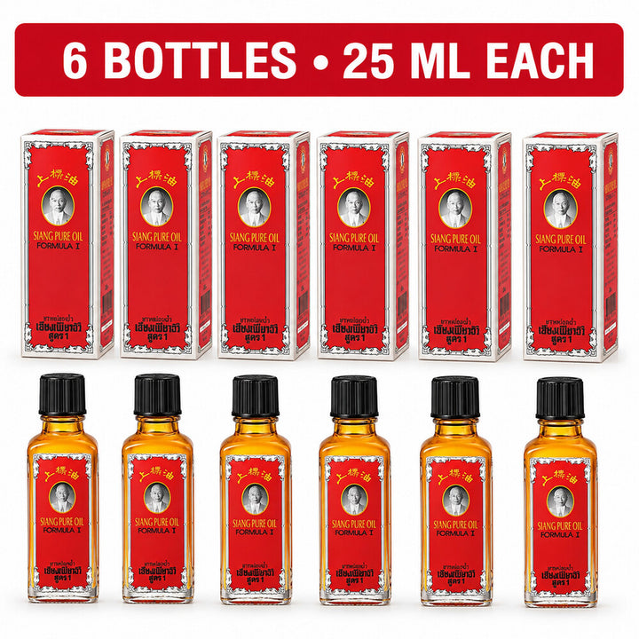 Six Siang Pure Oil Formula I 25ml bottles with six red retail boxes