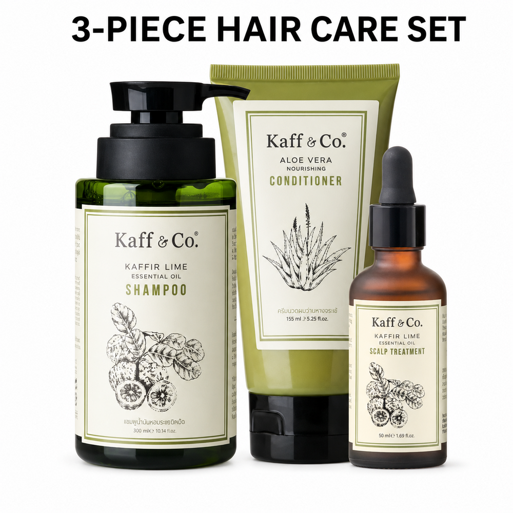 Kaff & Co three-piece hair care set with shampoo conditioner and scalp treatment