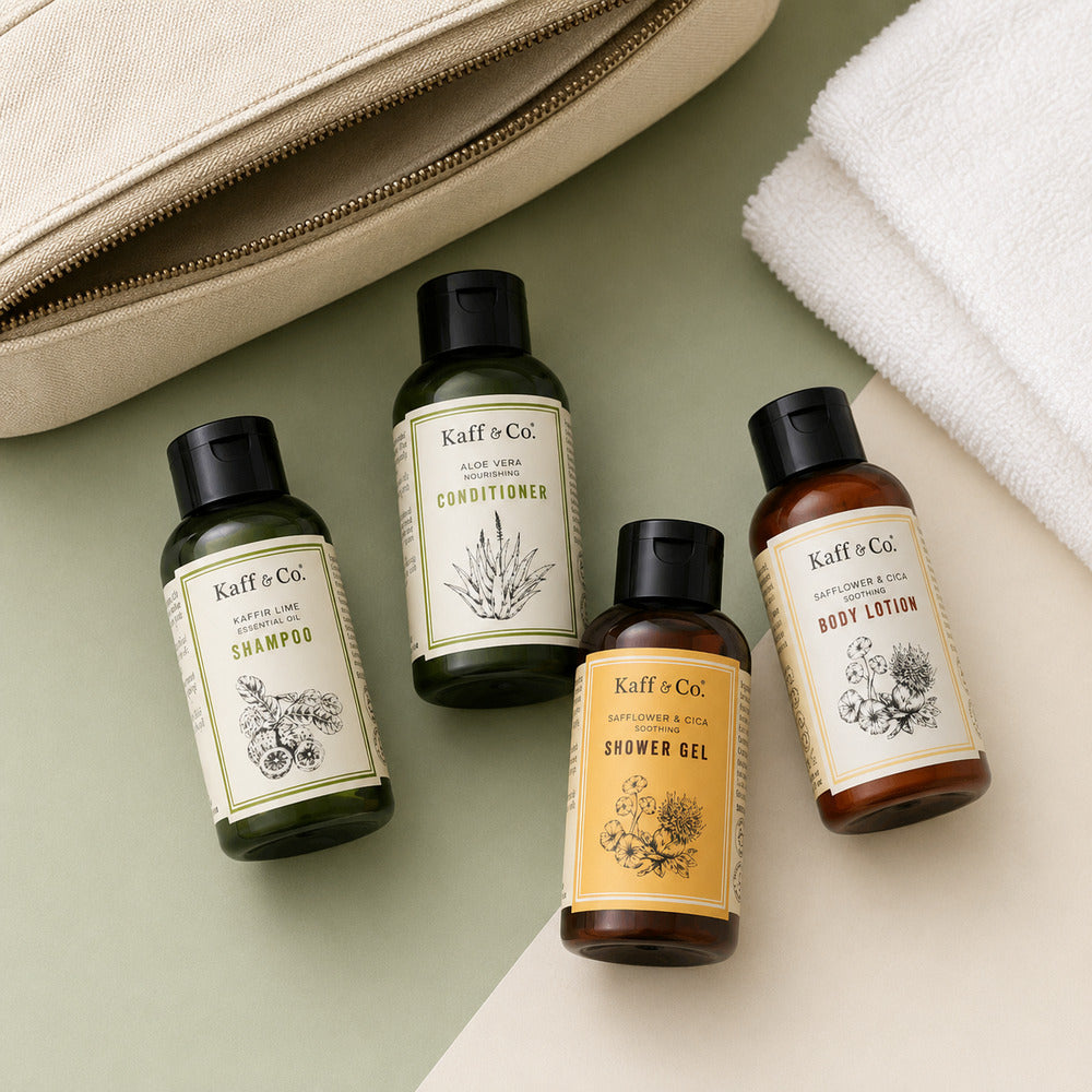 Kaff & Co four-piece 40ml travel routine in a toiletry setting