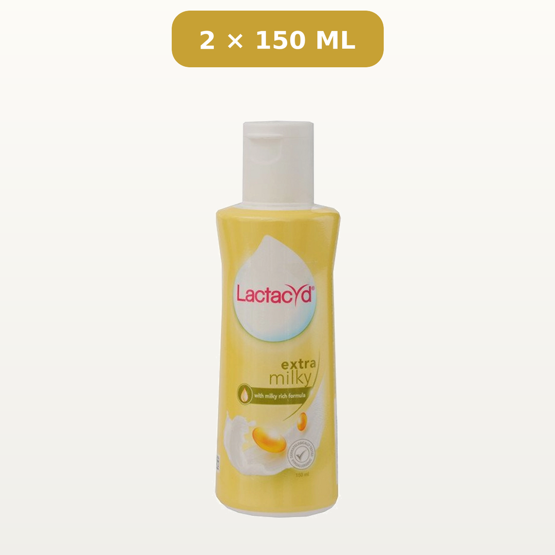 Lactacyd Extra Milky Daily Feminine Wash, sold as 2 × 150 ml