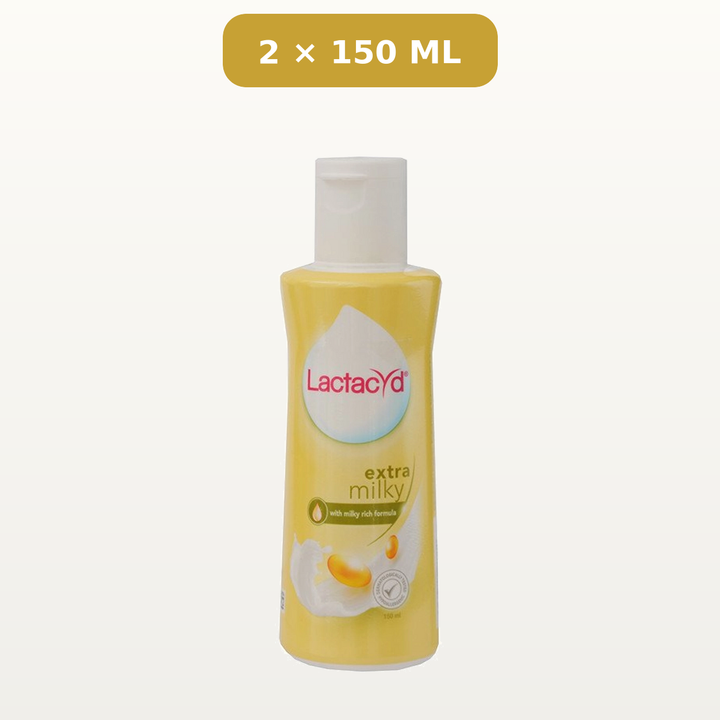 Lactacyd Extra Milky Daily Feminine Wash, sold as 2 × 150 ml
