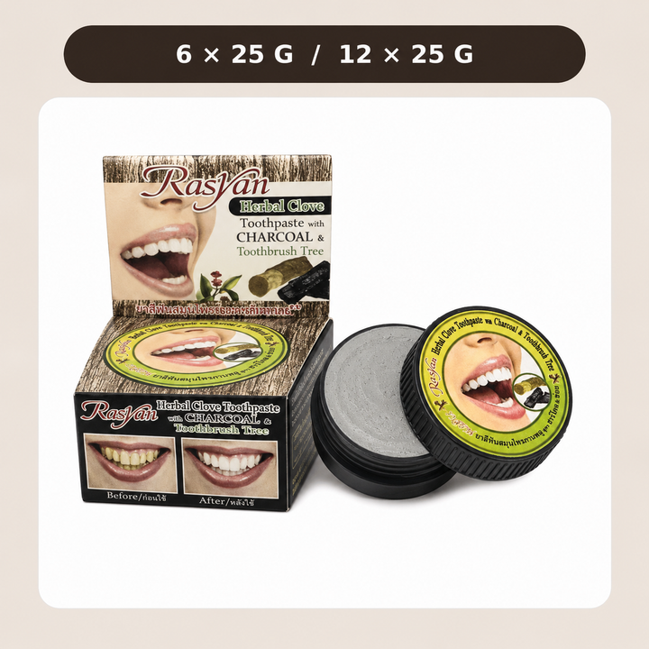 Rasyan Herbal Clove Toothpaste with Charcoal 25 g jar with full retail box, available in packs of 6 or 12