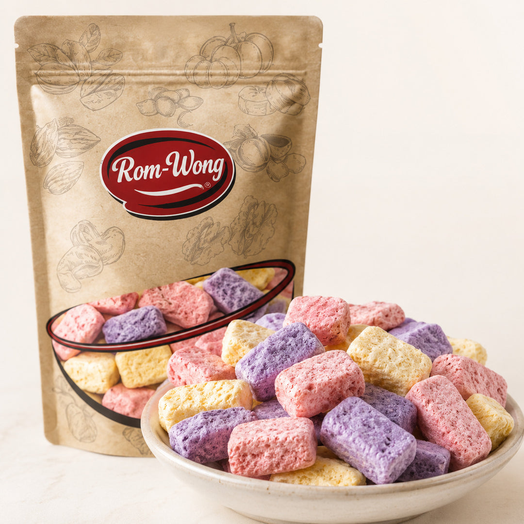 Close-up of Rom-Wong crispy freeze-dried yogurt cubes