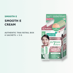 Smooth E Cream authentic Thai retail box in an editorial composition