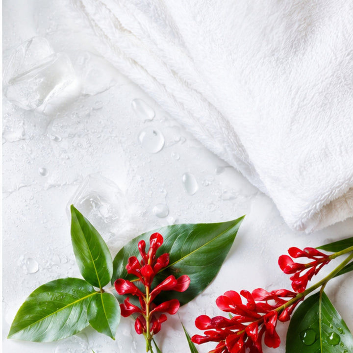 Fresh towel, ice and botanical cooling scene