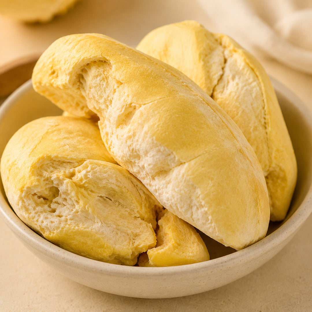 Close-up of freeze-dried Monthong durian pieces