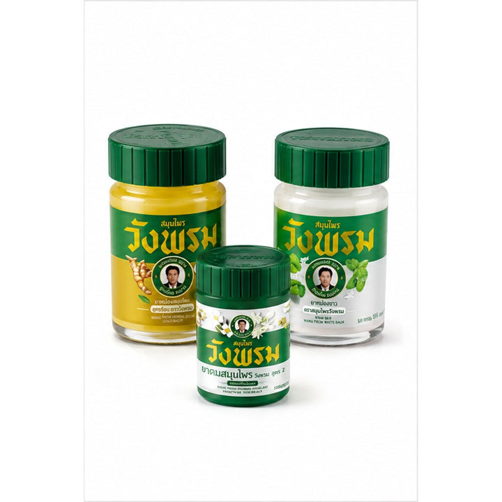 Wang Prom Gold and White balms with herbal inhalant on white