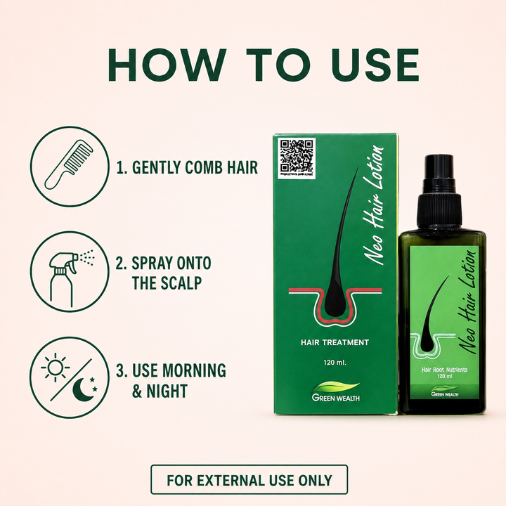 How to use Green Wealth Neo Hair Lotion: comb hair, spray onto scalp, use morning and nigh
