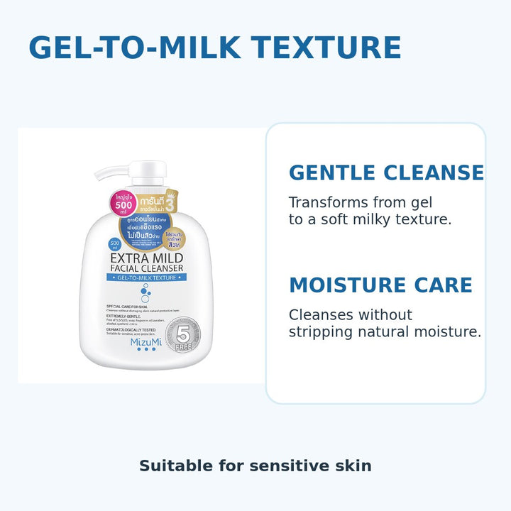 MizuMi Extra Mild Facial Cleanser gel-to-milk texture and moisture-care features