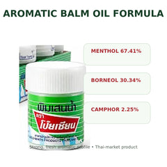 Poy-Sian Pim-Saen balm oil jar with menthol, borneol and camphor formula information