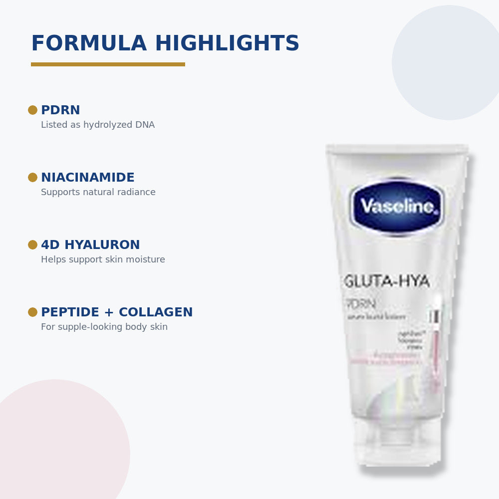 Vaseline Gluta-Hya PDRN formula highlights including hydrolyzed DNA, niacinamide and 4D hyaluron