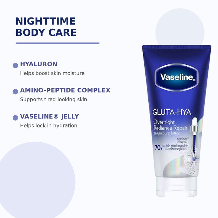 Vaseline Overnight Radiance body lotion with hyaluron amino-peptide complex and Vaseline Jelly