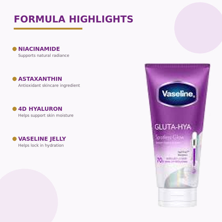 Vaseline Gluta-Hya Spotless Glow formula highlights including niacinamide, astaxanthin and 4D hyaluron