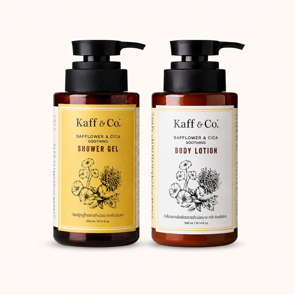 Kaff & Co Safflower and Cica shower gel and body lotion product pair