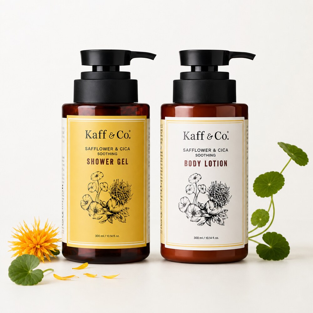 Kaff & Co Safflower and Cica shower gel and body lotion botanical image