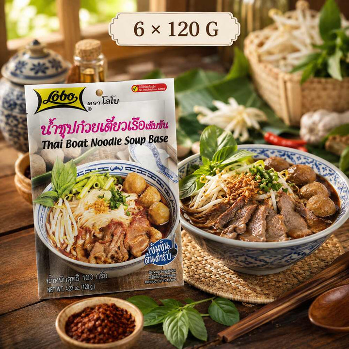 Lobo Thai Boat Noodle Soup Base six-pack with prepared noodle bowl