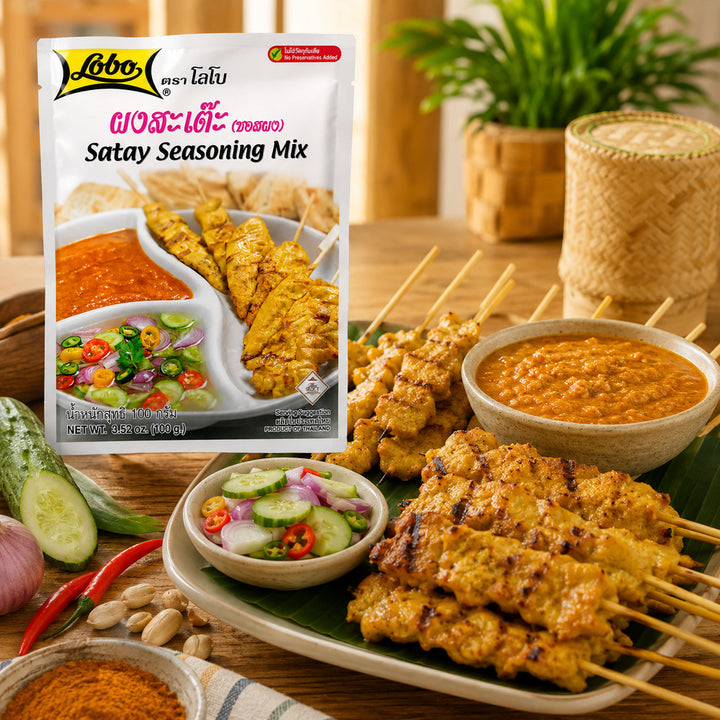 Lobo Satay Seasoning Mix with grilled satay skewers