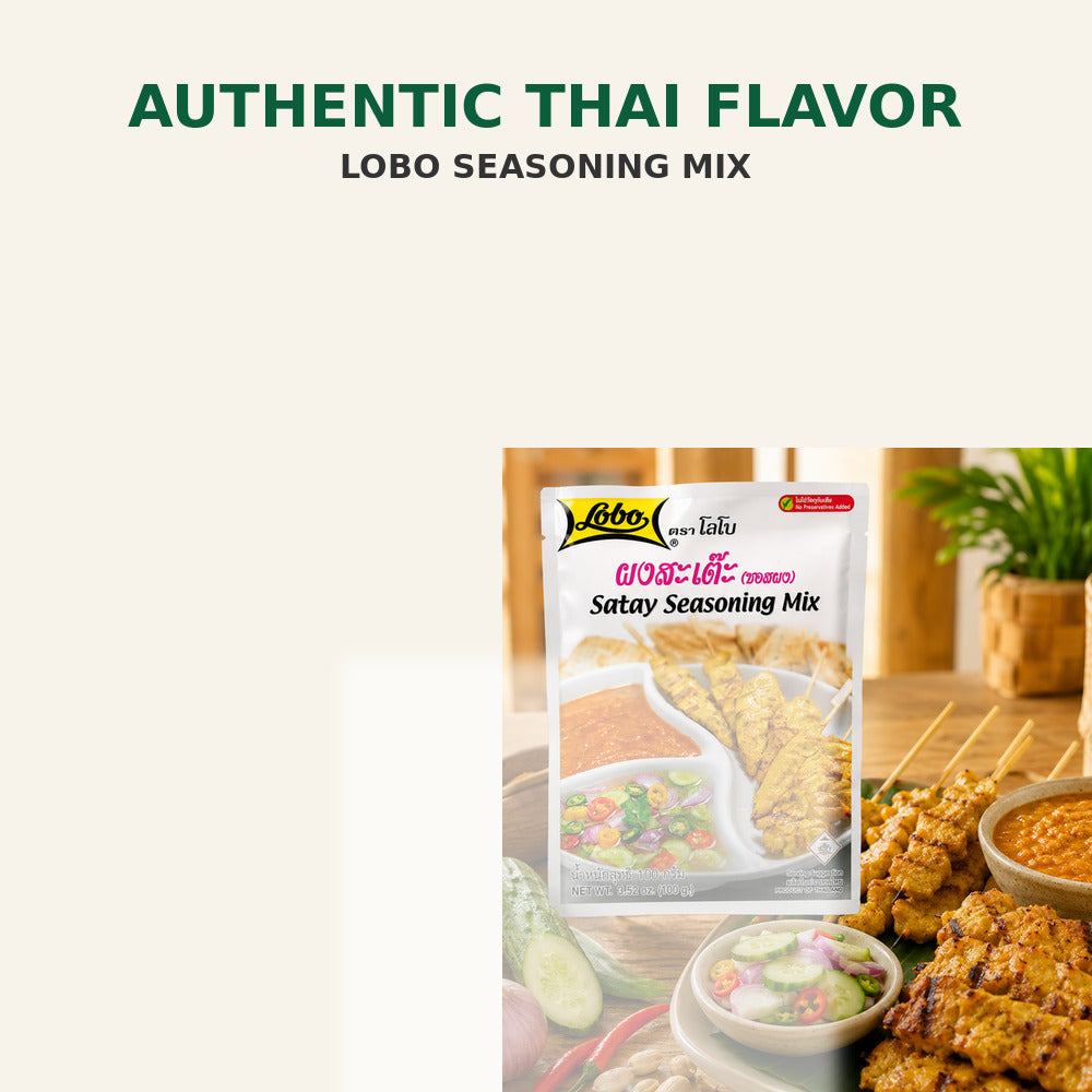 Lobo Satay seasoning and prepared skewers with dipping sauces