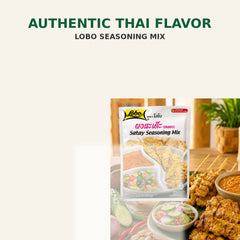 Lobo Satay seasoning and prepared skewers with dipping sauces