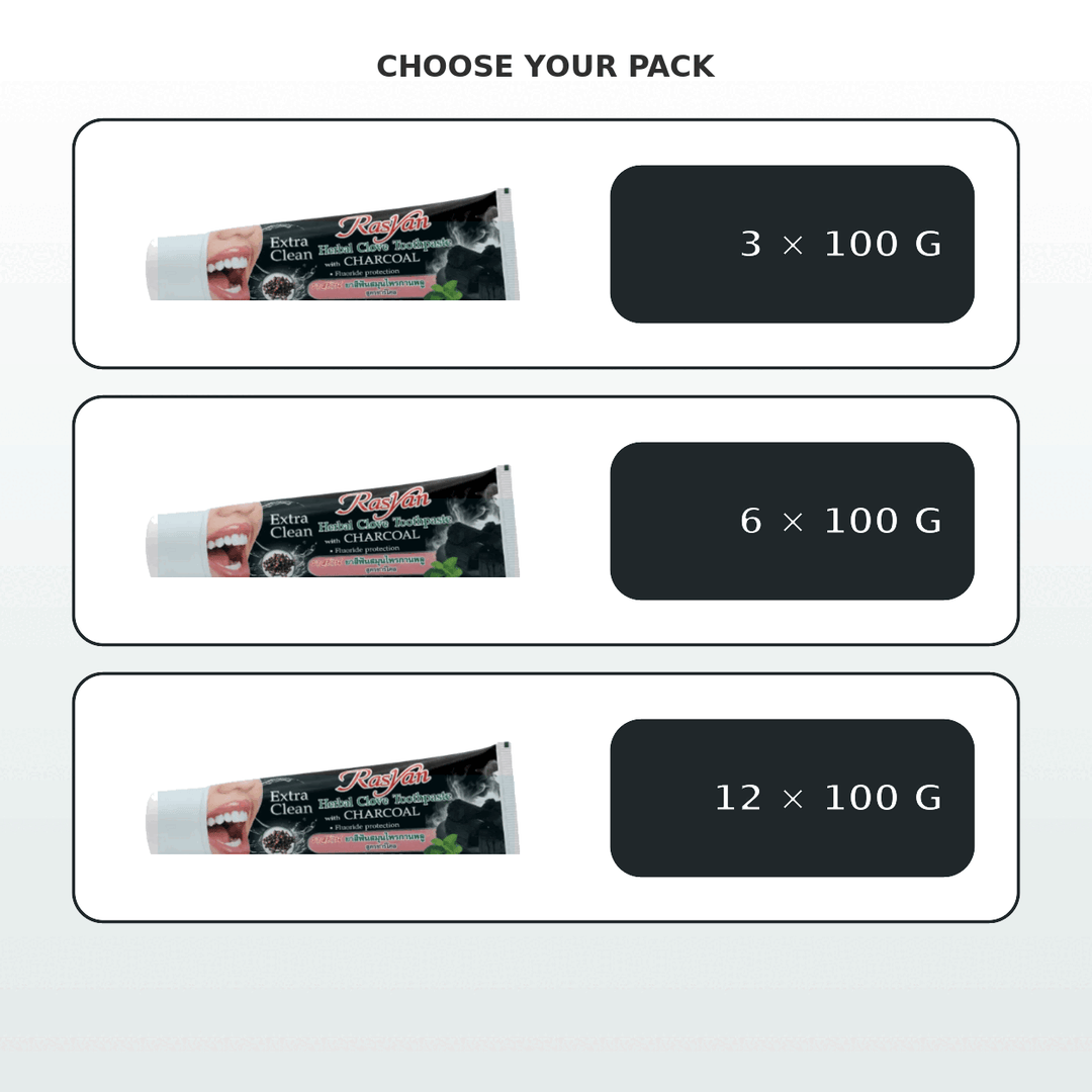 Rasyan 100 g toothpaste pack-size choices: 3, 6 or 12 tubes