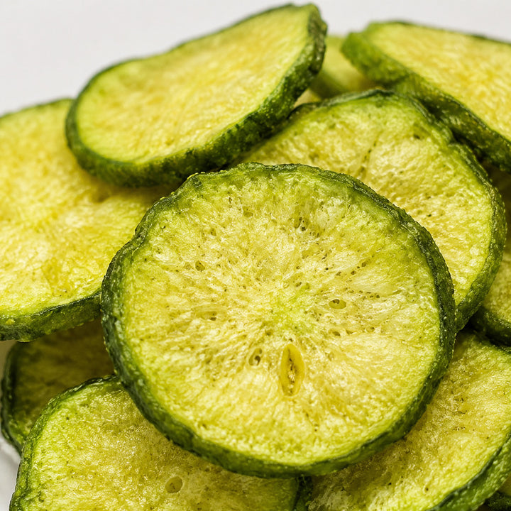 Close-up of vacuum-fried green radish slices