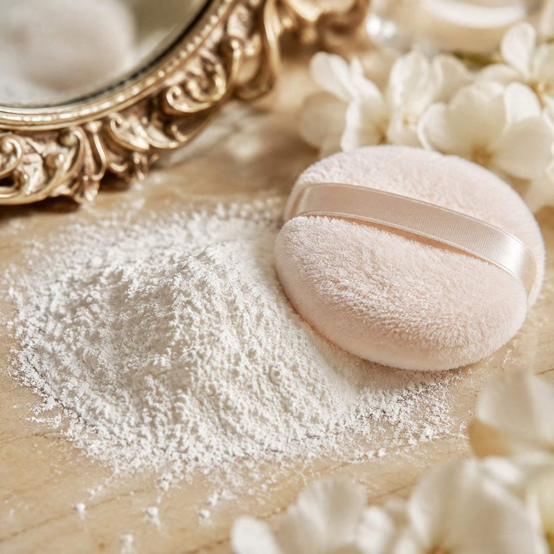 Fine fragrant talcum powder with cosmetic puff