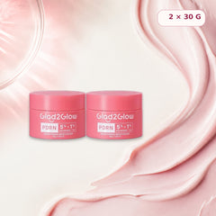 Two Glad2Glow PDRN moisturizer jars beside a pale pink cream texture