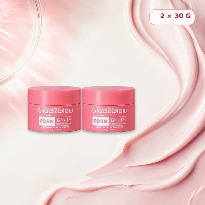 Two Glad2Glow PDRN moisturizer jars beside a pale pink cream texture