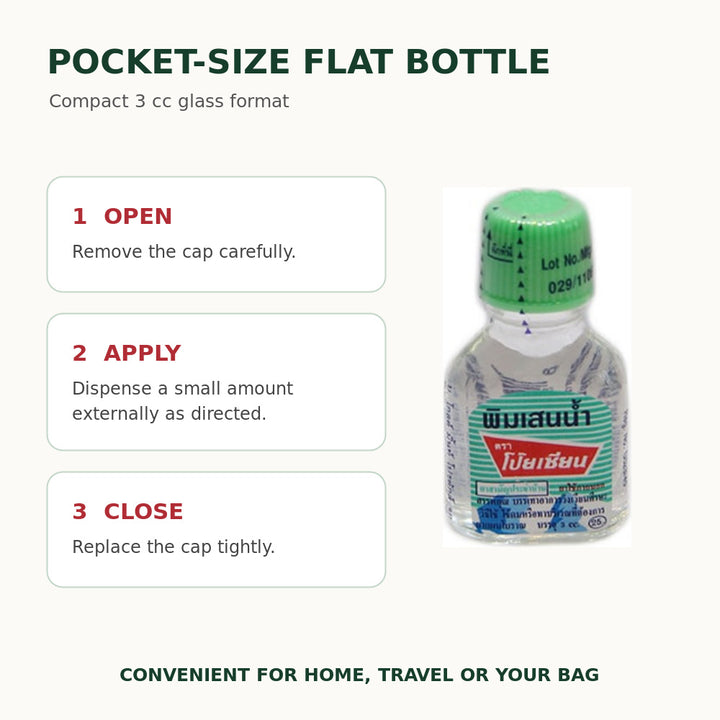 Poy-Sian Pim-Saen compact 3 cc flat bottle and external-use directions