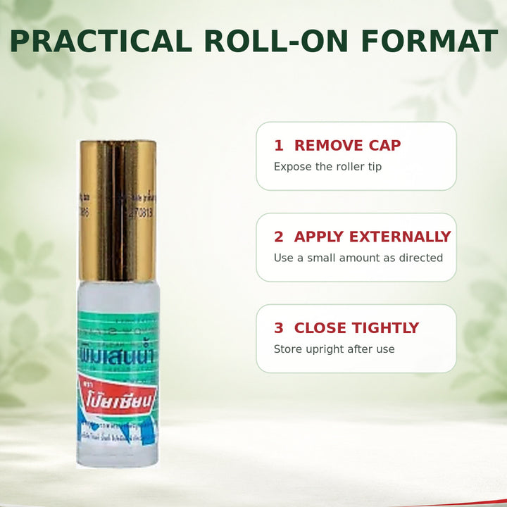 Poy-Sian Pim-Saen balm oil bottle with practical roll-on application steps