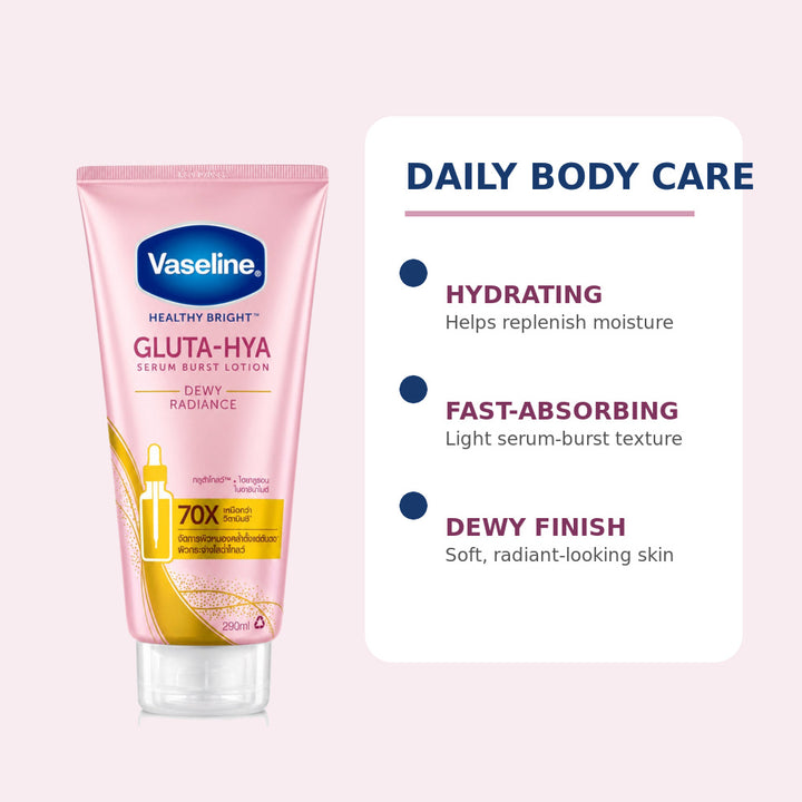 Vaseline Dewy Radiance body lotion hydration fast-absorbing texture and dewy finish features