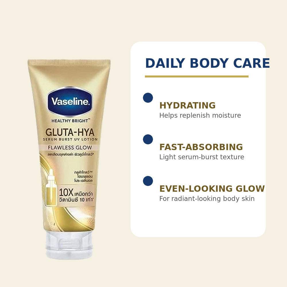 Vaseline Flawless Glow body lotion hydration fast-absorbing texture and radiant-looking finish