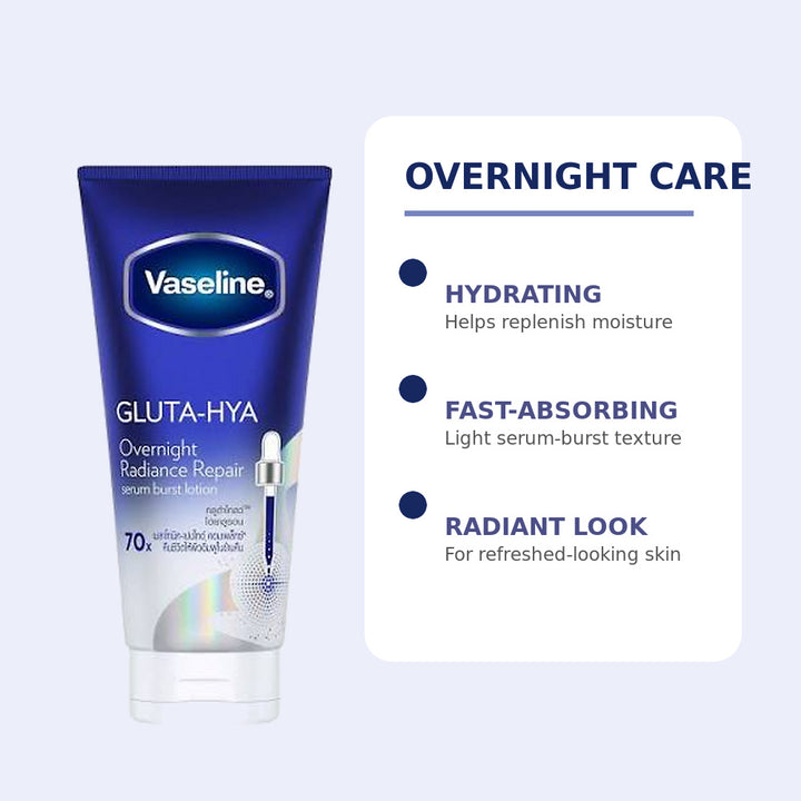 Vaseline Overnight Radiance body lotion hydration fast-absorbing texture and refreshed-looking skin features