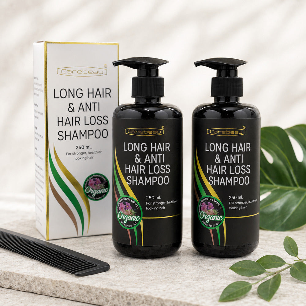 Two Carebeau Long Hair and Anti Hair Loss Shampoo pump bottles