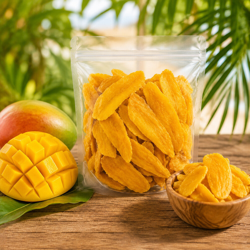 Dried mango with fresh mango and serving bowl