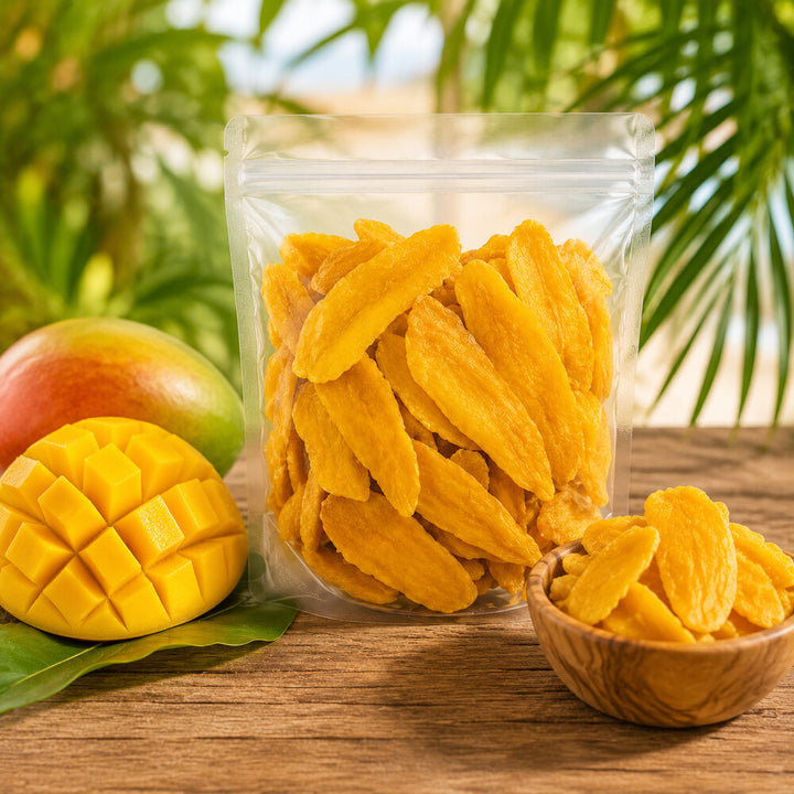 Dried mango with fresh mango and serving bowl