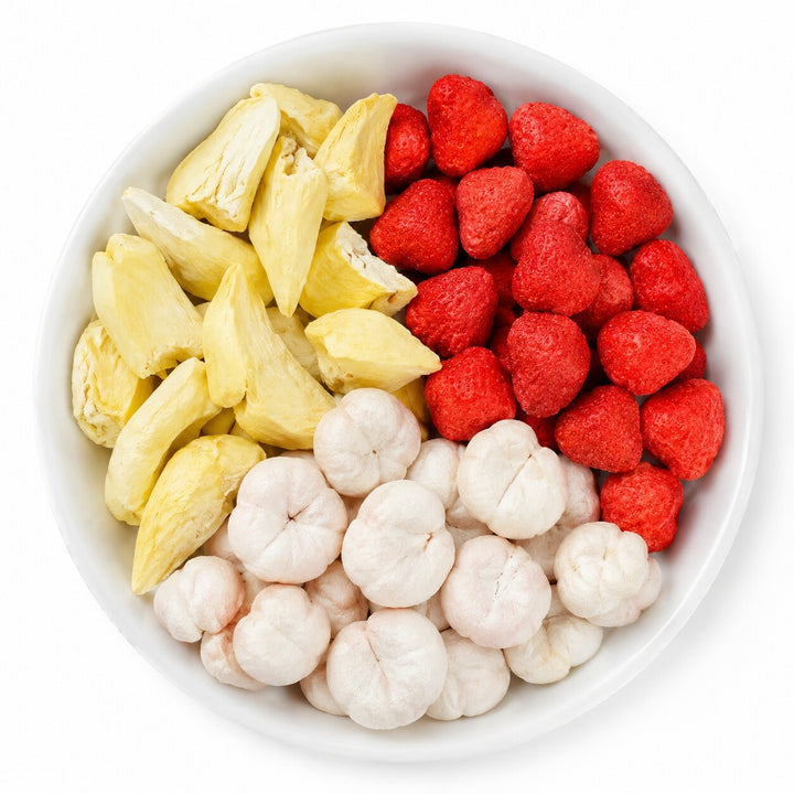 Close-up of freeze-dried durian, mangosteen and strawberry pieces