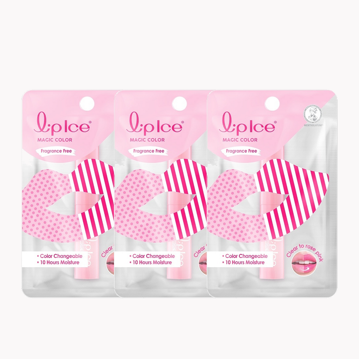 Three packs of Lipice Magic Color Rose Pink Fragrance Free Lip Balm 2 g
