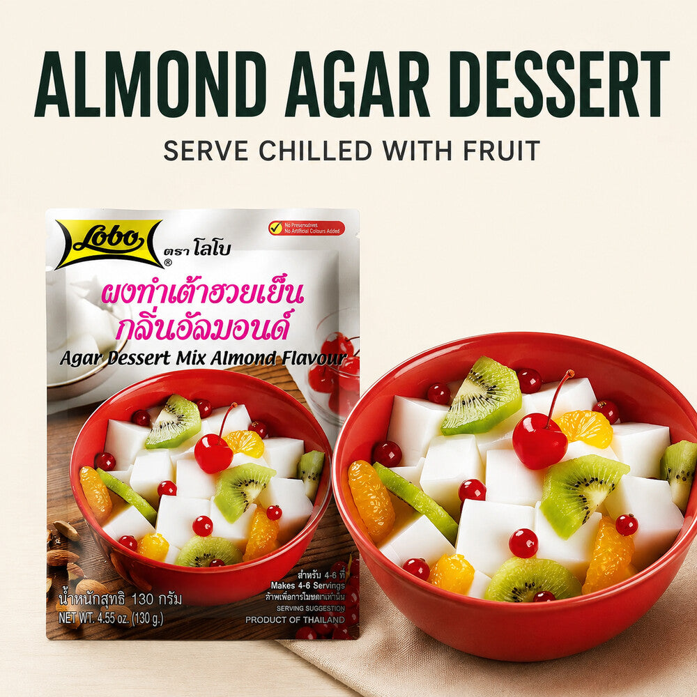 Lobo Almond Agar Dessert Mix served chilled with fruit