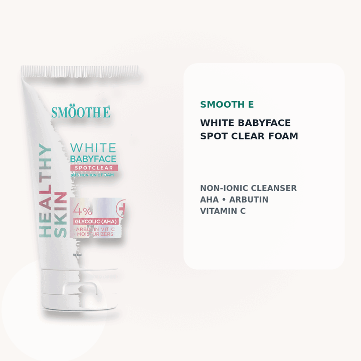 Smooth E White Babyface Spot Clear Non-Ionic Foam in a distinct soft spa-inspired setting
