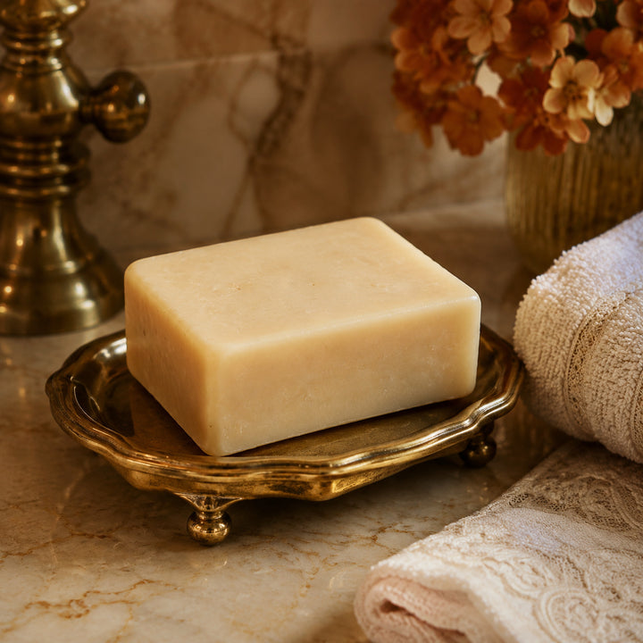 Perfumed soap on an elegant bathroom soap dish