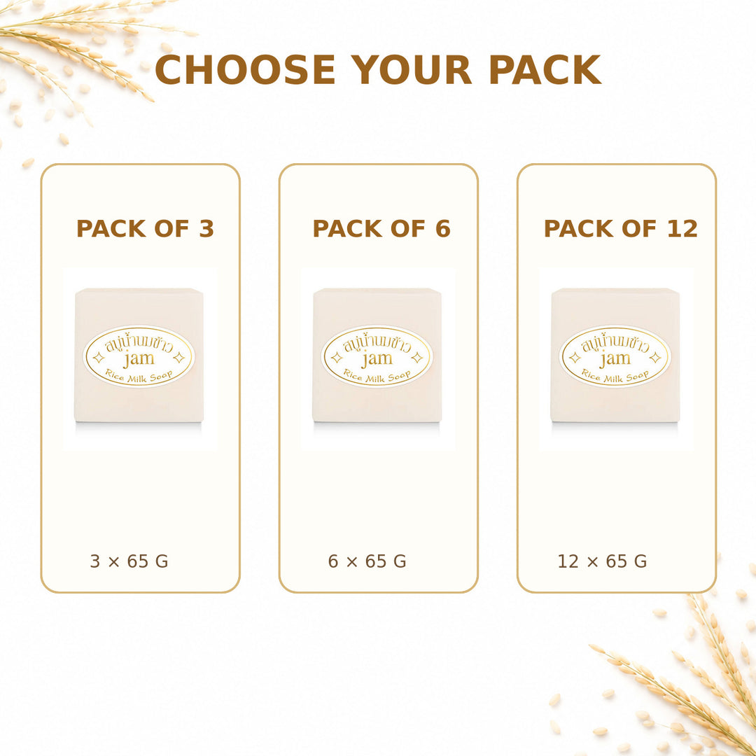 Jam Rice Milk Soap bundle choices in packs of 3, 6 or 12 bars