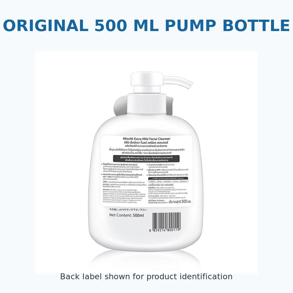 Back label of MizuMi Extra Mild Facial Cleanser 500ml pump bottle