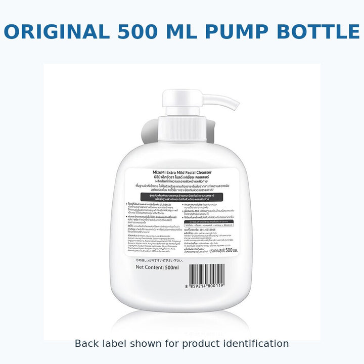 Back label of MizuMi Extra Mild Facial Cleanser 500ml pump bottle