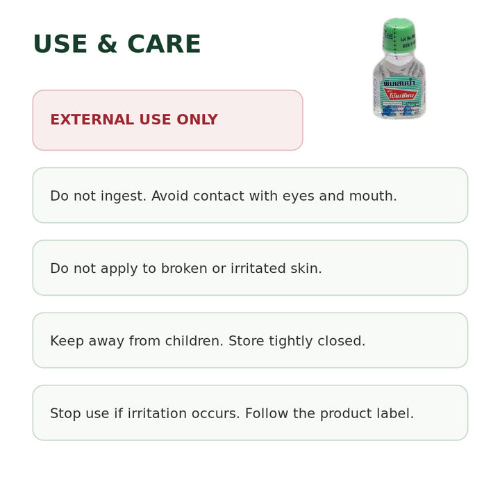 Poy-Sian Pim-Saen balm oil external-use care and safety information