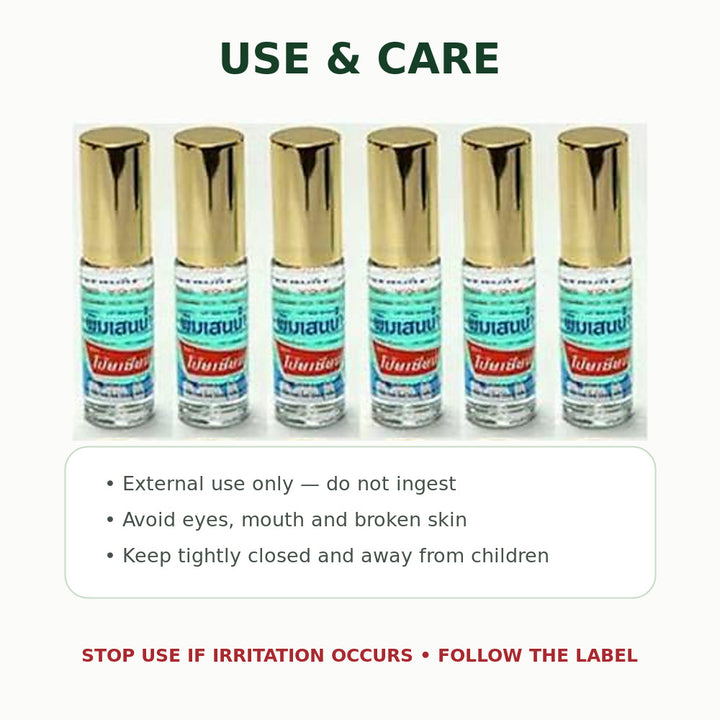 Six Poy-Sian Pim-Saen roll-on bottles with use and care information